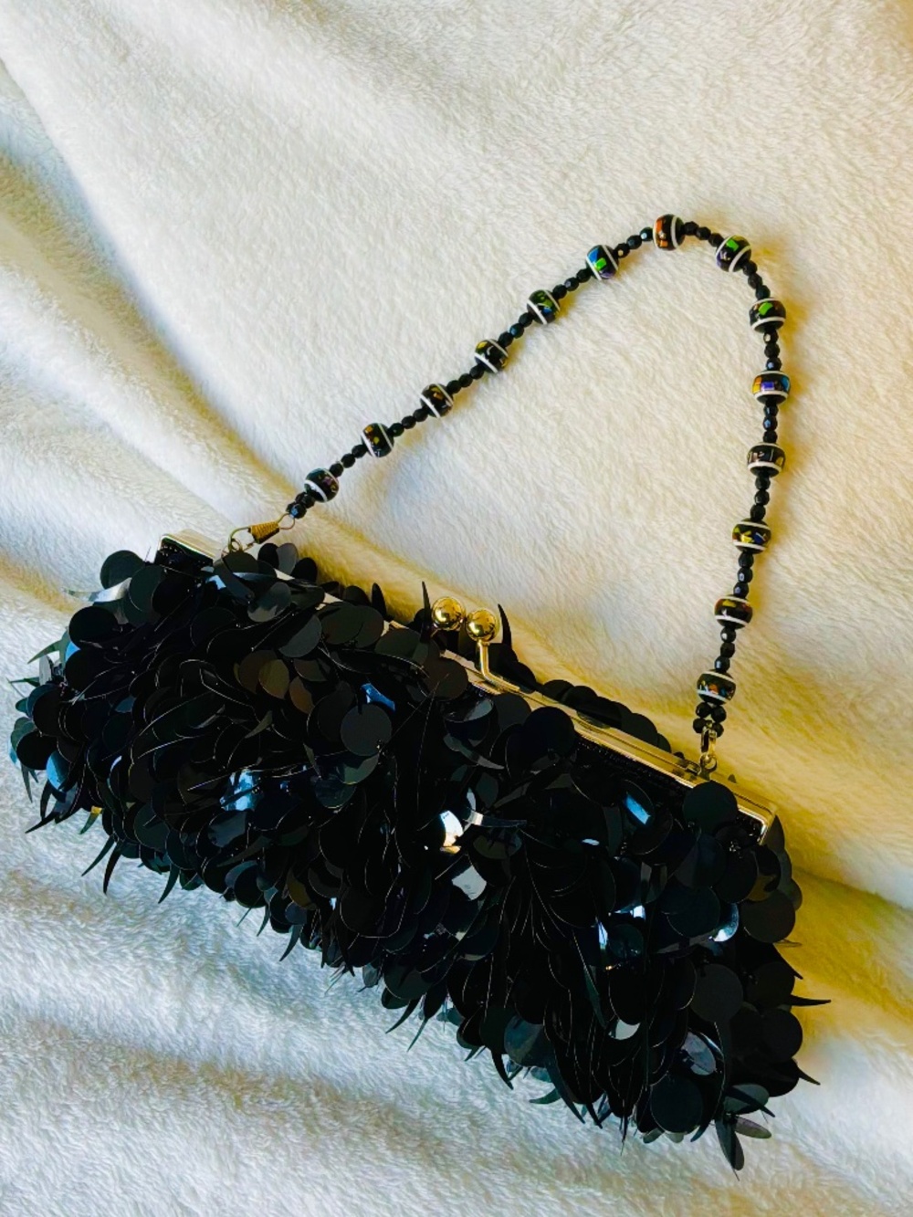 Vintage Y2K Black Evening Bag with Beaded Handle